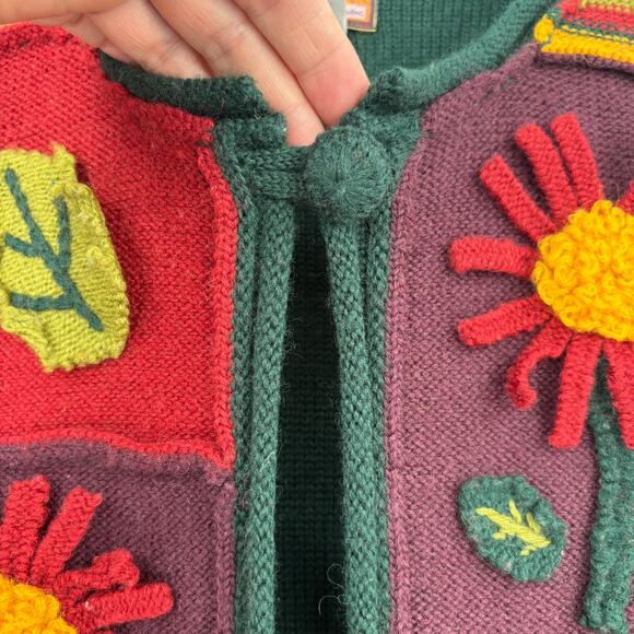 April Cornell Wool Cardigan Sweater Size ML Green Multi Patchwork Floral Vintage - Picture 6 of 10
